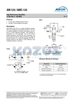 AMC-123SMA datasheet - High Performance Amplifier, 10 dB Gain 5 - 500 MHz