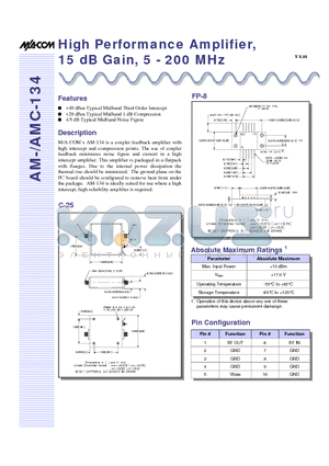 AMC-134SMA datasheet - High Performance Amplifier, 15 dB Gain, 5 - 200 MHz