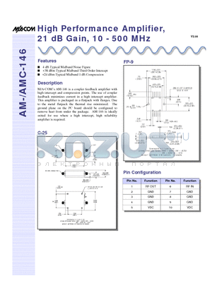 AMC-146SMA datasheet - High Performance Amplifier, 21 dB Gain, 10 - 500 MHz