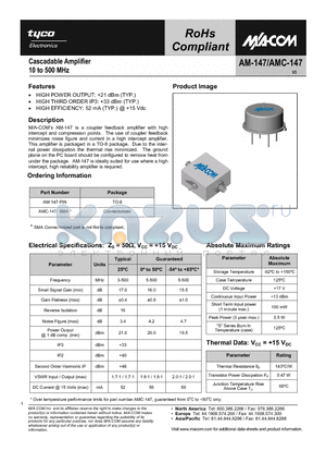 AMC-147-SMA datasheet - Cascadable Amplifier 10 to 500 MHz