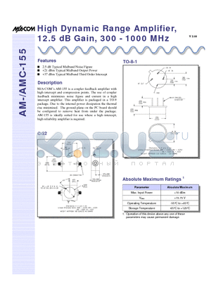 AMC-155SMA datasheet - High Dynamic Range Amplifier, 12.5 dB Gain, 300 - 1000 MHz