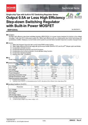 BD9122GUL_09 datasheet - Output 0.5A or Less High Efficiency Step-down Switching Regulator with Built-in Power MOSFET