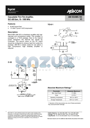 AMC-183SMA datasheet - Cascadable Thin Film Amplifier 28.5 dB Gain, 10 - 1000 MHz