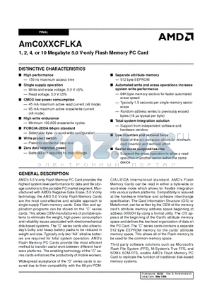 AMC001CFLKA datasheet - 1, 2, 4, or 10 Megabyte 5.0 V-only Flash Memory PC Card