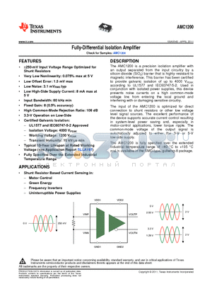 AMC1200SDUB datasheet - Fully-Differential Isolation Amplifier Low Offset Error: 1.5 mV max