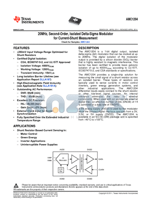 AMC1203B datasheet - 20MHz, Second-Order, Isolated Delta-Sigma Modulator for Current-Shunt Measurement