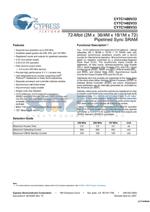 CY7C1482V33-167BZC datasheet - 72-Mbit (2M x 36/4M x 18/1M x 72) Pipelined Sync SRAM
