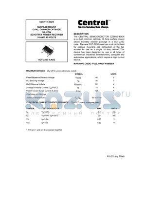 CZSH10-40CN datasheet - SURFACE MOUNT DUAL, COMMON CATHODE SILICON SCHOTTKY POWER RECTIFIER 10 AMP, 40 VOLTS