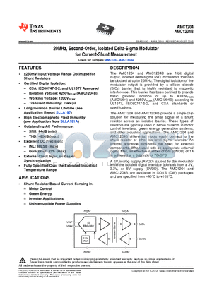 AMC1204BDW datasheet - 20MHz, Second-Order, Isolated Delta-Sigma Modulator for Current-Shunt Measurement