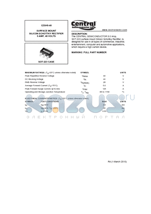 CZSH5-40_10 datasheet - SURFACE MOUNT SILICON SCHOTTKY RECTIFIER 5 AMP, 40 VOLTS