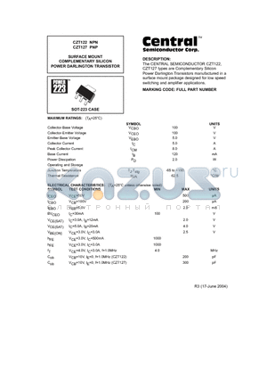 CZT127 datasheet - SURFACE MOUNT COMPLEMENTARY SILICON POWER DARLINGTON TRANSISTOR