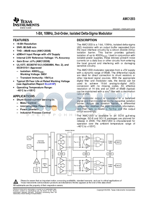 AMC1203PSA datasheet - 1-Bit, 10MHz, 2nd-Order, Isolated Delta-Sigma Modulator