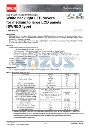 BD9202EFS datasheet - White backlight LED drivers for medium to large LCD panels (SWREG type)