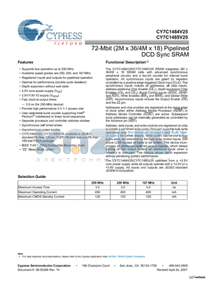 CY7C1484V25-167AXI datasheet - 72-Mbit (2M x 36/4M x 18) Pipelined DCD Sync SRAM