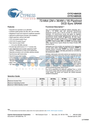 CY7C1484V25-167BZXC datasheet - 72-Mbit (2M x 36/4M x 18) Pipelined DCD Sync SRAM