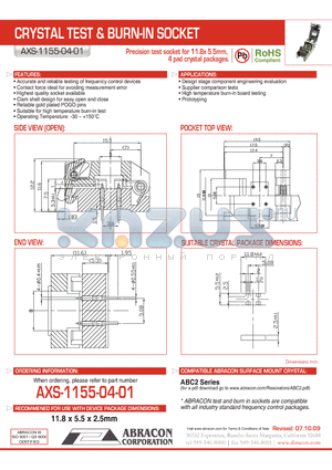 AXS-1155-04-01 datasheet - CRYSTAL TEST & BURN-IN SOCKET