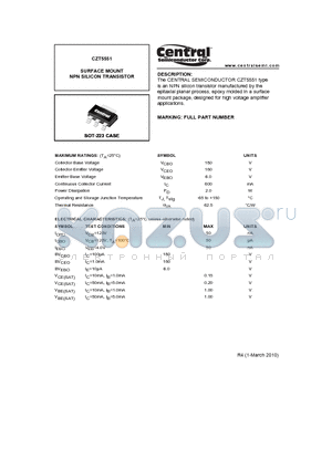 CZT5551_10 datasheet - SURFACE MOUNT NPN SILICON TRANSISTOR