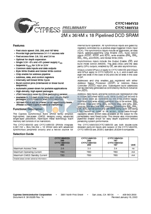CY7C1484V33-167BGC datasheet - 2M x 36/4M x 18 Pipelined DCD SRAM