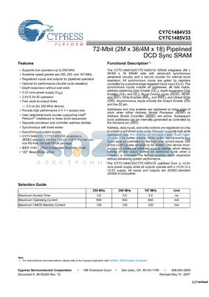 CY7C1484V33-167BZI datasheet - 72-Mbit (2M x 36/4M x 18) Pipelined DCD Sync SRAM