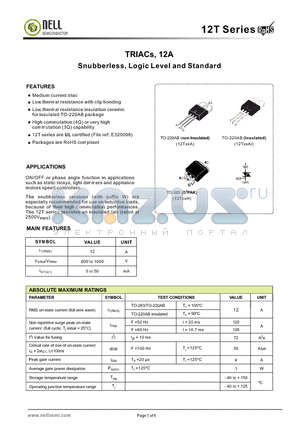 12T06H-BW datasheet - TRIACs, 12A Snubberless, Logic Level and Standard