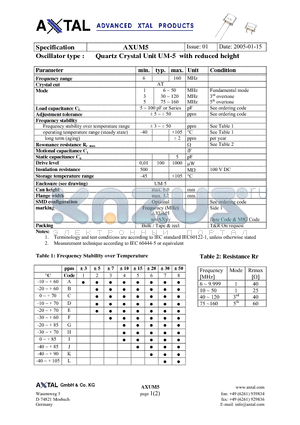 AXUM5 datasheet - Quartz Crystal Unit UM-5 with reduced height