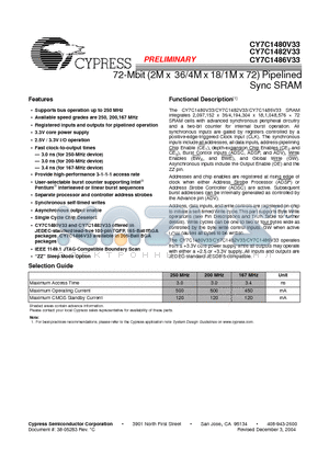 CY7C1486V33 datasheet - 72-Mbit (2M x 36/4M x 18/1M x 72) Pipelined Sync SRAM