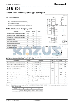 2SB1504 datasheet - Silicon PNP epitaxial planar type darlington