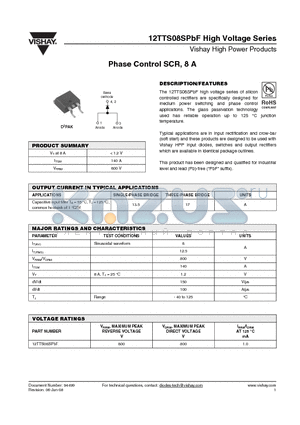 12TTS08STRRPBF datasheet - Phase Control SCR, 8 A