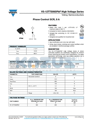 12TTS800STRLPBF datasheet - Phase Control SCR, 8 A