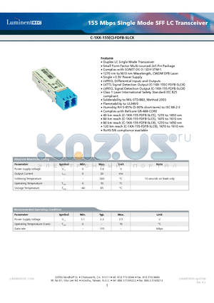 C-127-155-FDFB-SLC9S datasheet - 155 Mbps Single Mode SFF LC Transceiver