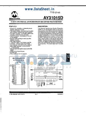 AY31015D datasheet - UAR/T UNIVERSAL ASYNCHRONOUS RECEIVER/TRANSMITTER