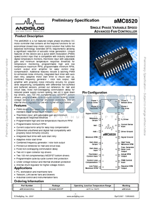 AMC8520 datasheet - SINGLE PHASE VARIABLE SPEED ADVANCED FAN CONTROLLER