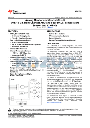 AMC7891SRHHT datasheet - Analog Monitor and Control Circuit with 10-Bit, Multi-Channel ADC and Four DACs, Temperature Sensor, and 12 GPIOs