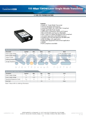 C-127-TDFB3-SSC9D datasheet - 155 Mbps CWDM Laser Single Mode Transceiver