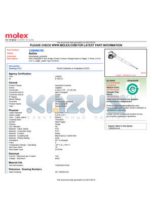 1300060192 datasheet - Mini-Change A-Size Single-Ended Cordset, Straight Male to Pigtail, 2 Poles, 0.91m (3.0 ) Length, Cable Type STOOW