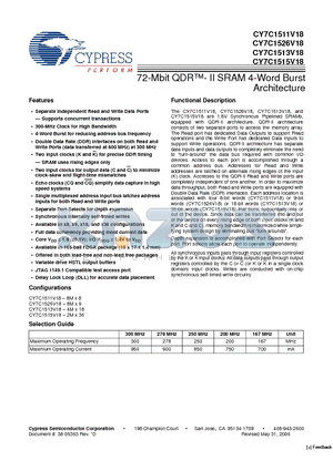 CY7C1511V18-167BZI datasheet - 72-Mbit QDR- II SRAM 4-Word Burst Architecture