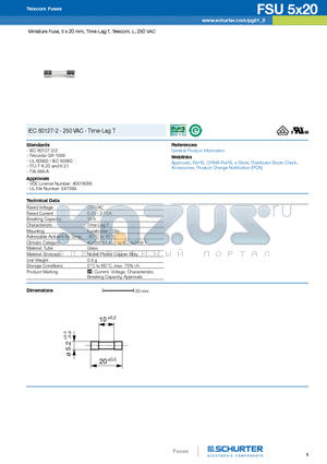 20100011 datasheet - Miniature Fuse, 5 x 20 mm, Time-Lag T, Telecom, L, 250 VAC