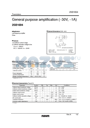 2SB1694 datasheet - General purpose amplification (−30V, −1A)