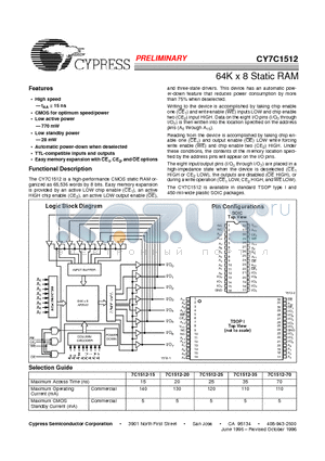 CY7C1512-25ZC datasheet - 64K x 8 Static RAM