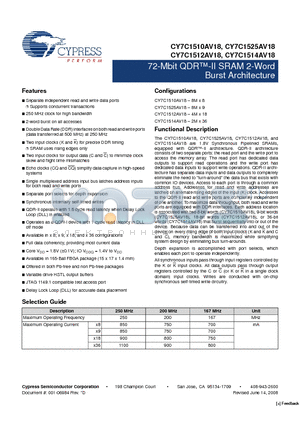 CY7C1512AV18 datasheet - 72-Mbit QDR-II SRAM 2-Word Burst Architecture