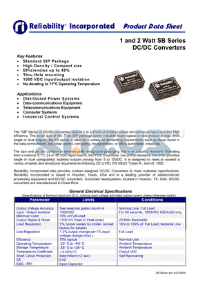2SB24U9 datasheet - 1 and 2 Watt SB Series DC/DC Converters