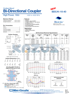 BDCA1-10-40 datasheet - Surface Mount Bi-Directional Coupler High Power, 50 1600 to 4000 MHz