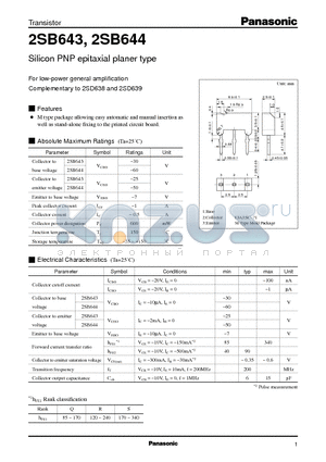 2SB643 datasheet - Silicon PNP epitaxial planer type(For low-power general amplification)