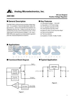 AME1084BCDT-3 datasheet - 5A Low Dropout Positive Voltage Regulator