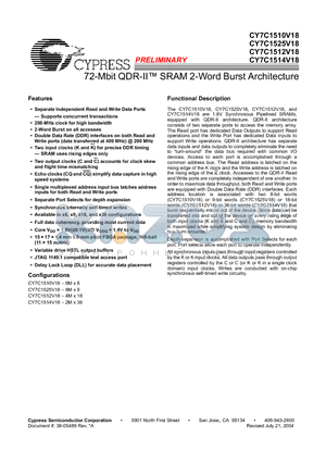 CY7C1514V18 datasheet - 72-Mbit QDR-II SRAM 2-Word Burst Architecture