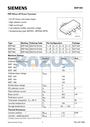 BDP956 datasheet - PNP Silicon AF Power Transistor (For AF drivers and output stages High collector current High current gain)
