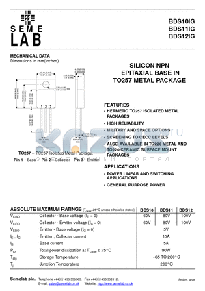BDS12IG datasheet - SILICON NPN EPITAXIAL BASE IN TO257 METAL PACKAGE