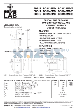 BDS13SMD datasheet - SILICON PNP EPITAXIAL BASE IN TO220 METAL AND CERAMIC SURFACE MOUNT PACKAGES