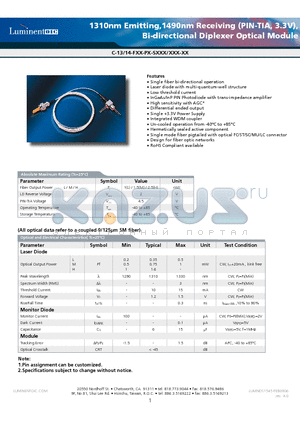 C-13-14-F02-P-SH datasheet - 1310nm Emitting,1490nm Receiving (PIN-TIA, 3.3V), Bi-directional Diplexer Optical Module