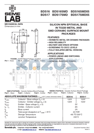 BDS16SMD datasheet - SILICON NPN EPITAXIAL BASE IN TO220 METAL AND SMD CERAMIC SURFACE MOUNT PACKAGES